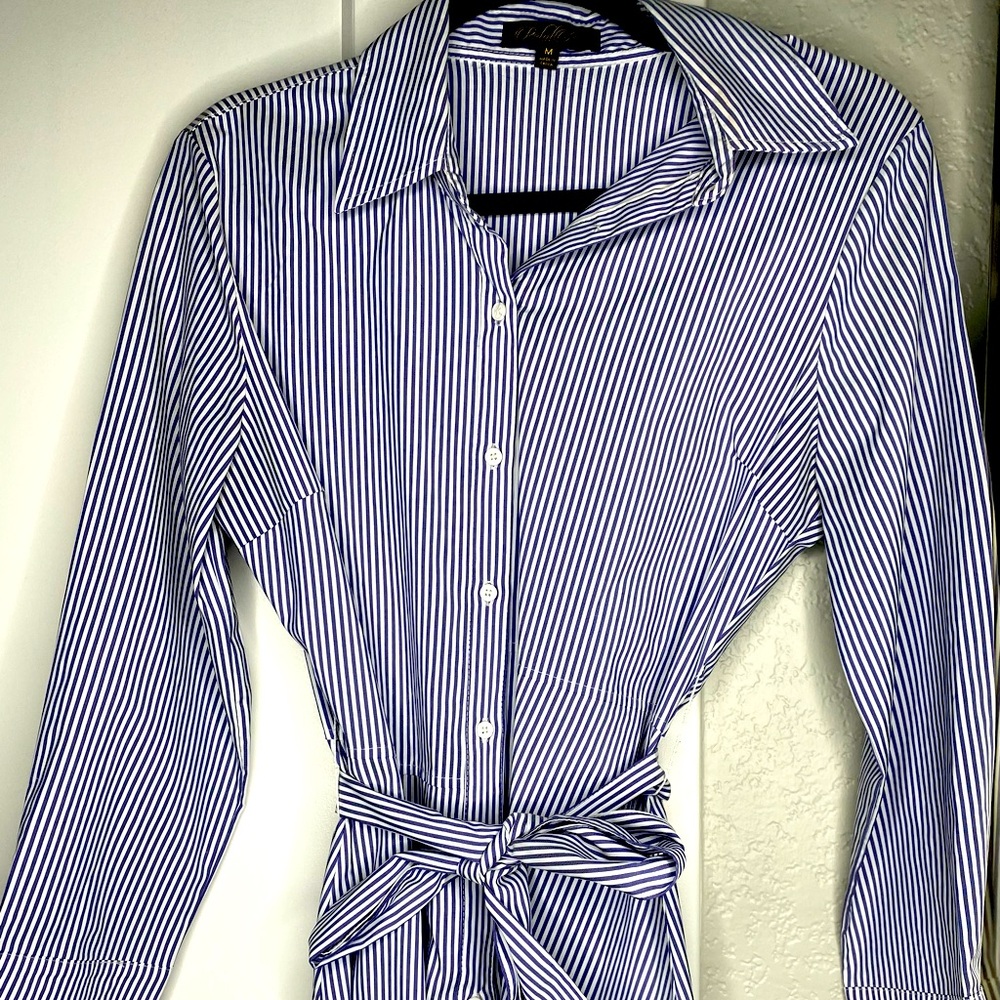 blue and white striped dress
